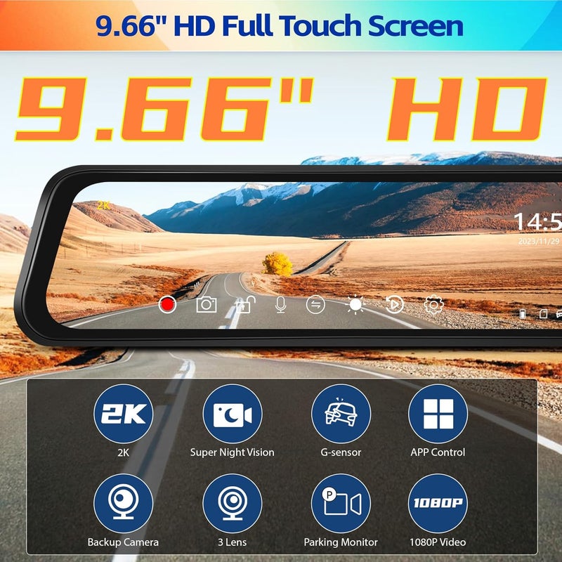 AMprime 2K Mirror Dash Cam, 9.66 Inch 3 Channel Front Rear Inside View Mirror Camera Triple Mirror Dash Cam Night Vision,G-Sensor,Parking Assistance,APP Control,24H Parking Monitor,Waterproof Backup Camera - Image 2